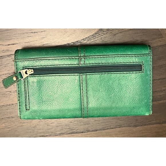 Vintage Fossil Marlow Trifold Checkbook Wallet Leather Kelly Green Keyper Cards - Picture 4 of 16